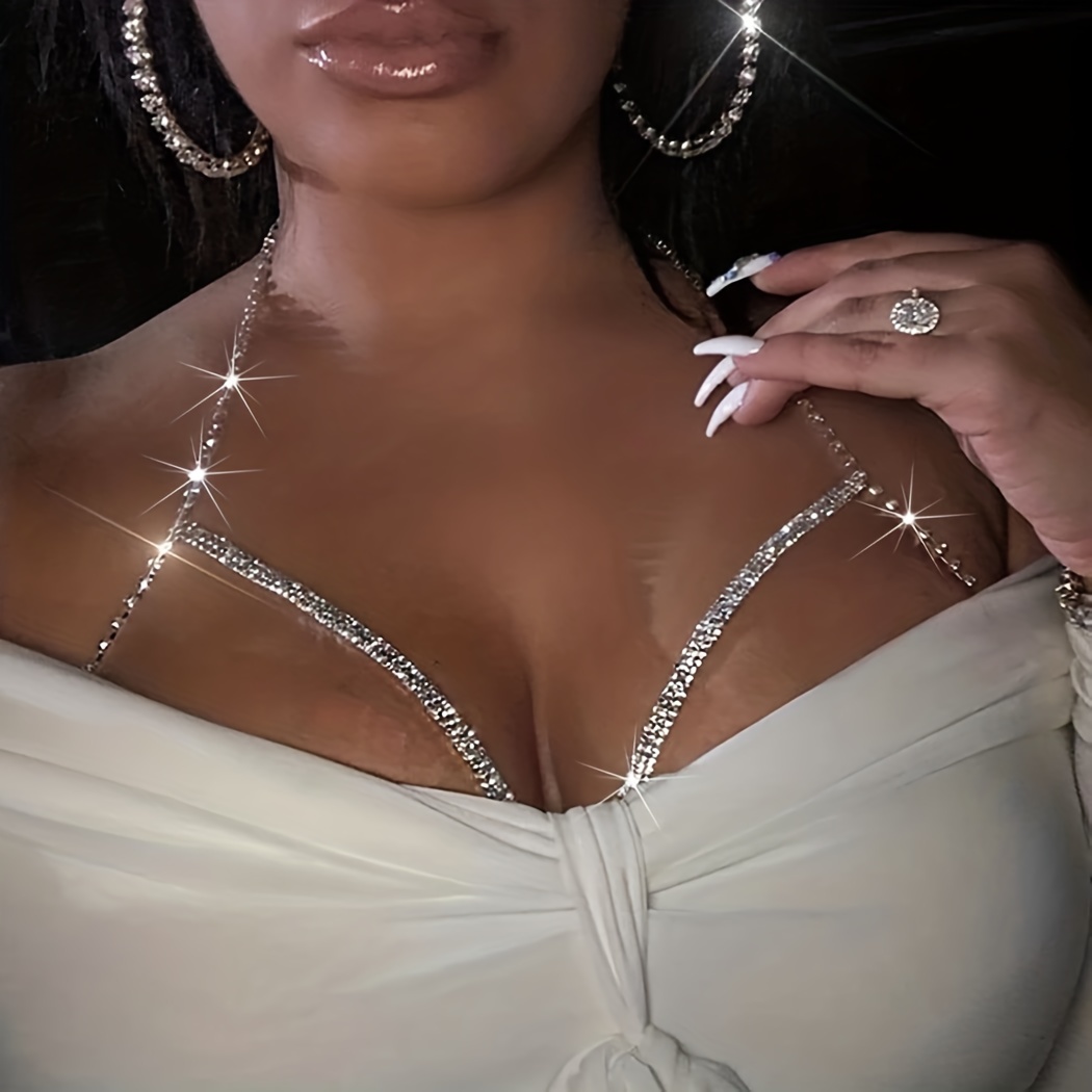 Rhinestone Bra Body Chain Jewelry Crystal Body Chain Necklace Luxury  Rhinestone Body Chain Bra for Women Nightclub Party (Silver Blue Bra Chain)  