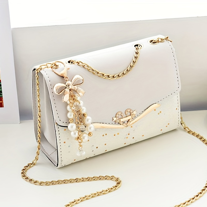 Embroidery Detail Flap Square Bag, Stylish Chain Decor Crossbody Purse With  Bag Charm - Temu