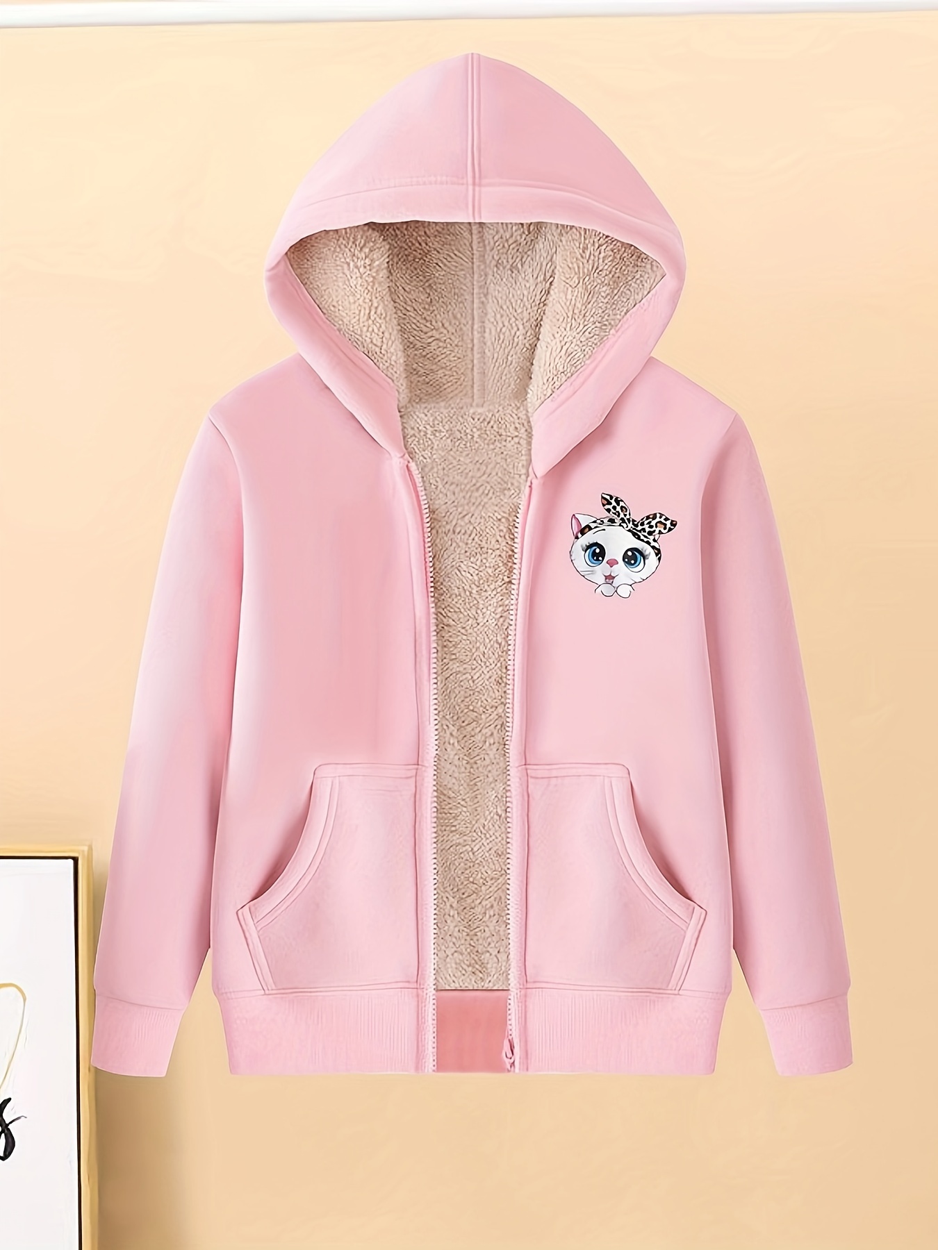Girls Kitty Print Plush Fleece Liner Winter Warm Hooded Jacket Coat For  Toddler Kids Outwear
