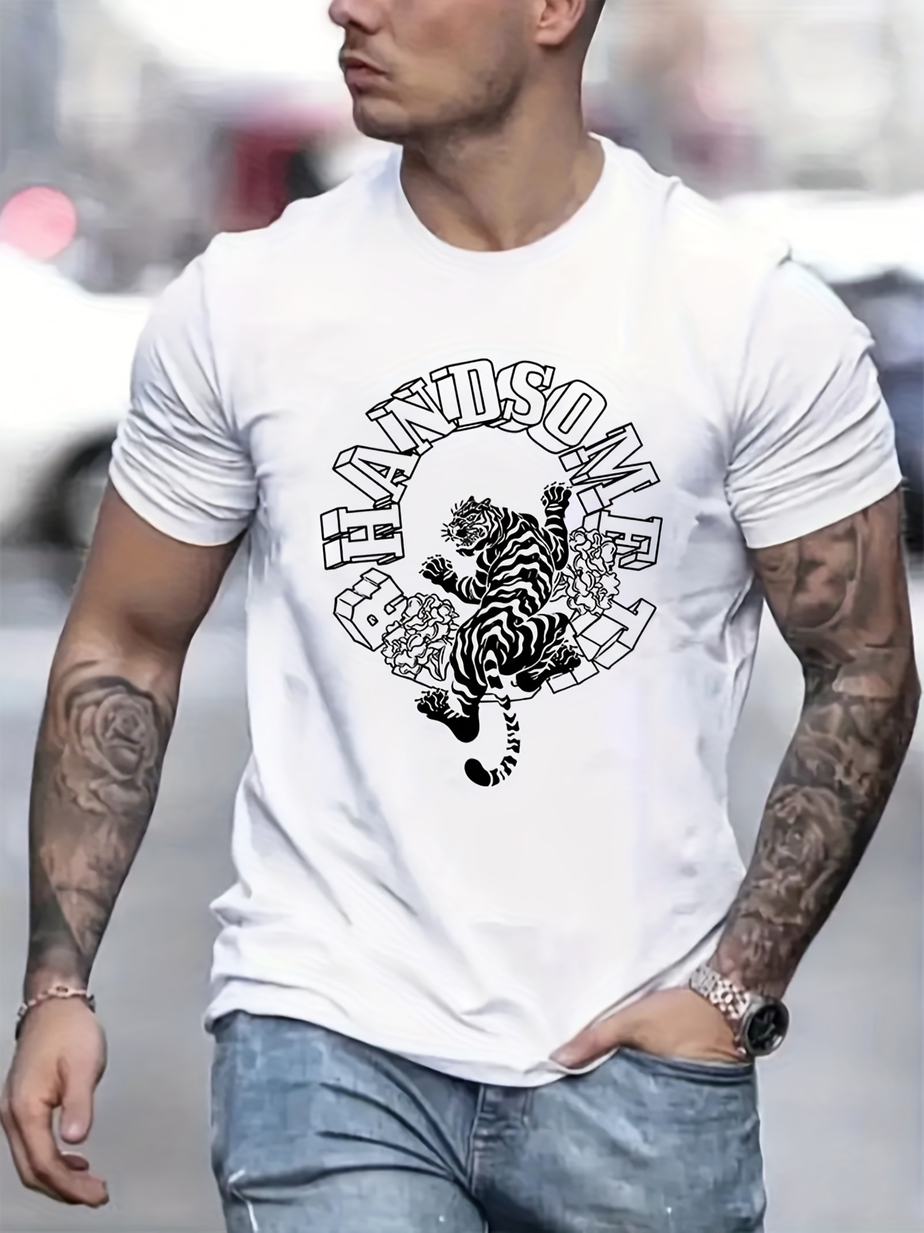 Mens Casual Tiger Graphic Print Round Neck T Shirt Summer