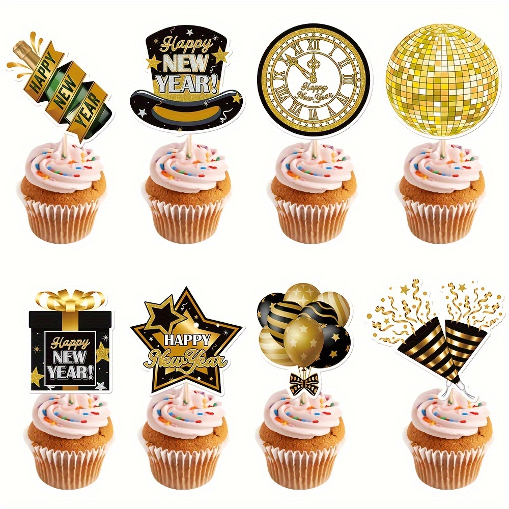 8pcs Black Gold New Year Style Cake Inserts, 2024 New Year Party Cake  Decoration Supplies, Cupcake Decorations Cake Topper