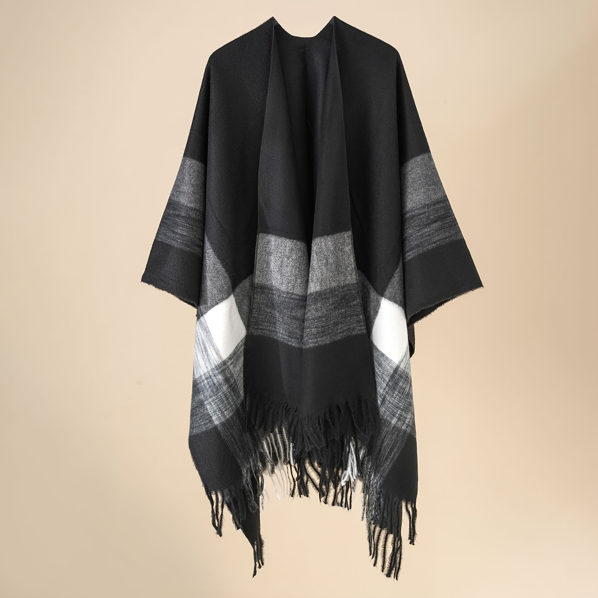 

Tassel Thermal Windproof Plaid Shawl, Winter Keep Warm Soft Comfortable Shawl Wrap, Open Front Poncho Cape, Winter Blanket For Cycling Riding Walking Skiing Carnival