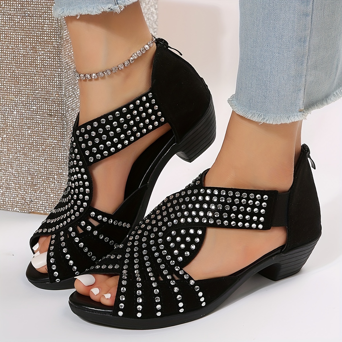 Rhinestone Cross Strap Sandals with Block Heel for Outdoor Activities