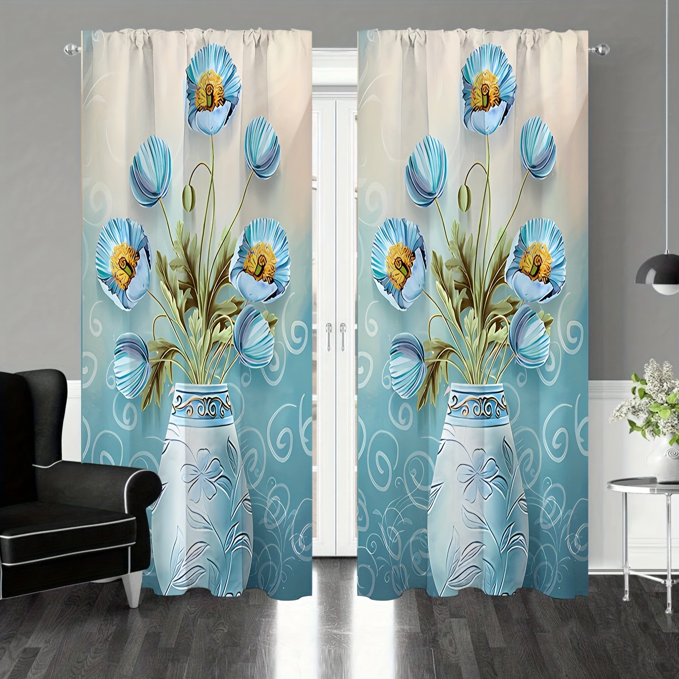  Mesnt Cortinas de ventana para dormitorio, cortina semiopaca  con patrón floral para dormitorio, sala de estar, azul beige (ojales), 55  pulgadas de ancho x 94 pulgadas de alto : Hogar y Cocina