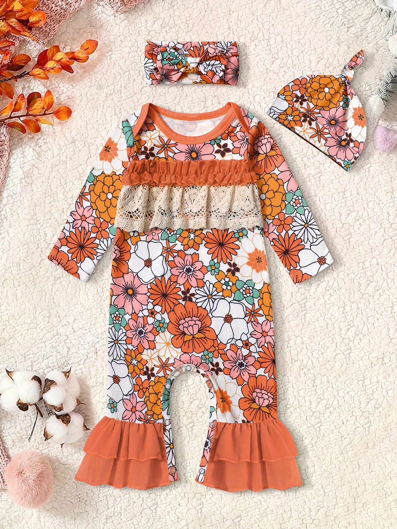 Conjunto De Ropa De Bebé Recién Nacido Niña Impresión Floral Mameluco De  Manga Larga A + Falda Liguero + Diadema Otoño Lindo 3PCS Traje