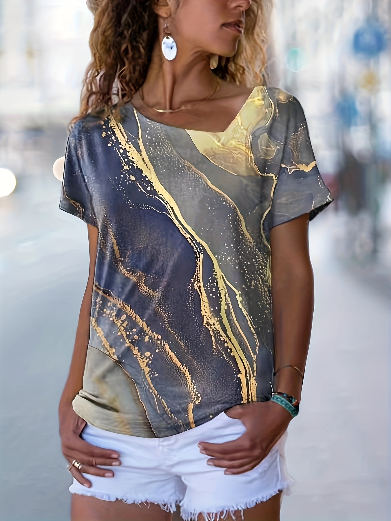 Marble Print Asymmetrical T-shirt, Casual Short Sleeve V Neck Summer T ...