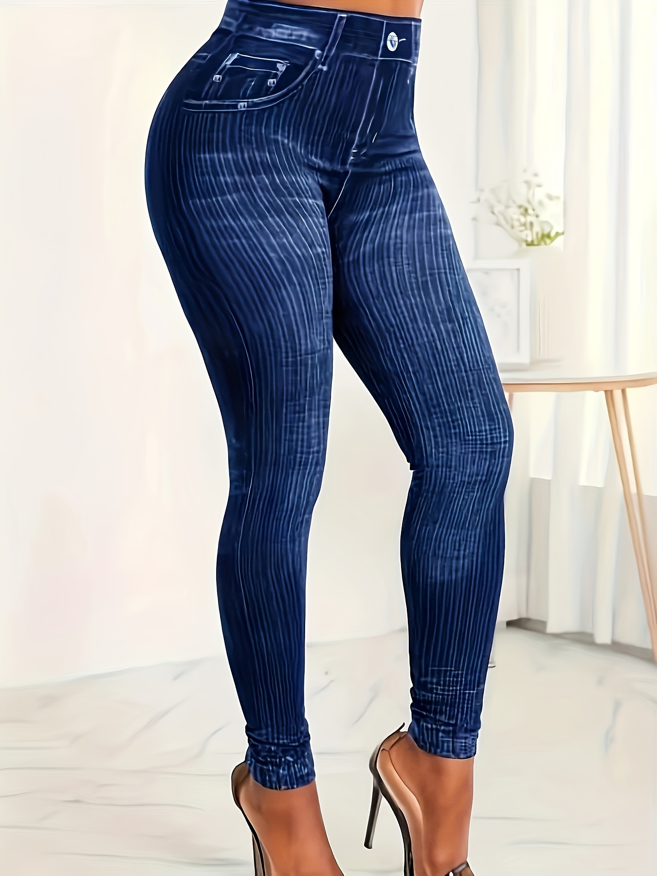 Faux Denim Print Fashion Yoga Leggings, Casual High Elastic Sport Pants,  Women's Clothing