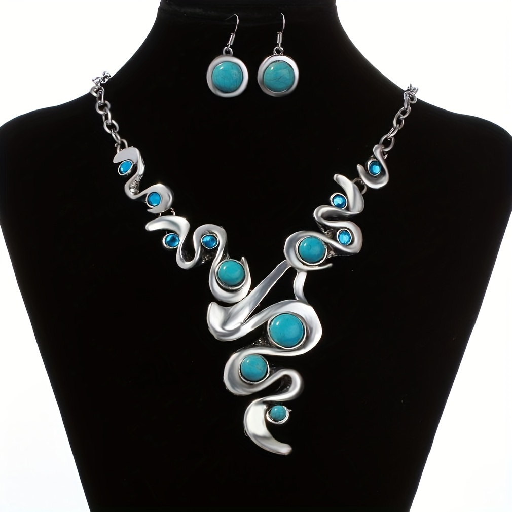 

3pcs Earrings Plus Necklace Boho Style Jewelry Set Inlaid Turquoise Dainty Party Accessories Perfect Birthday Gift For Women