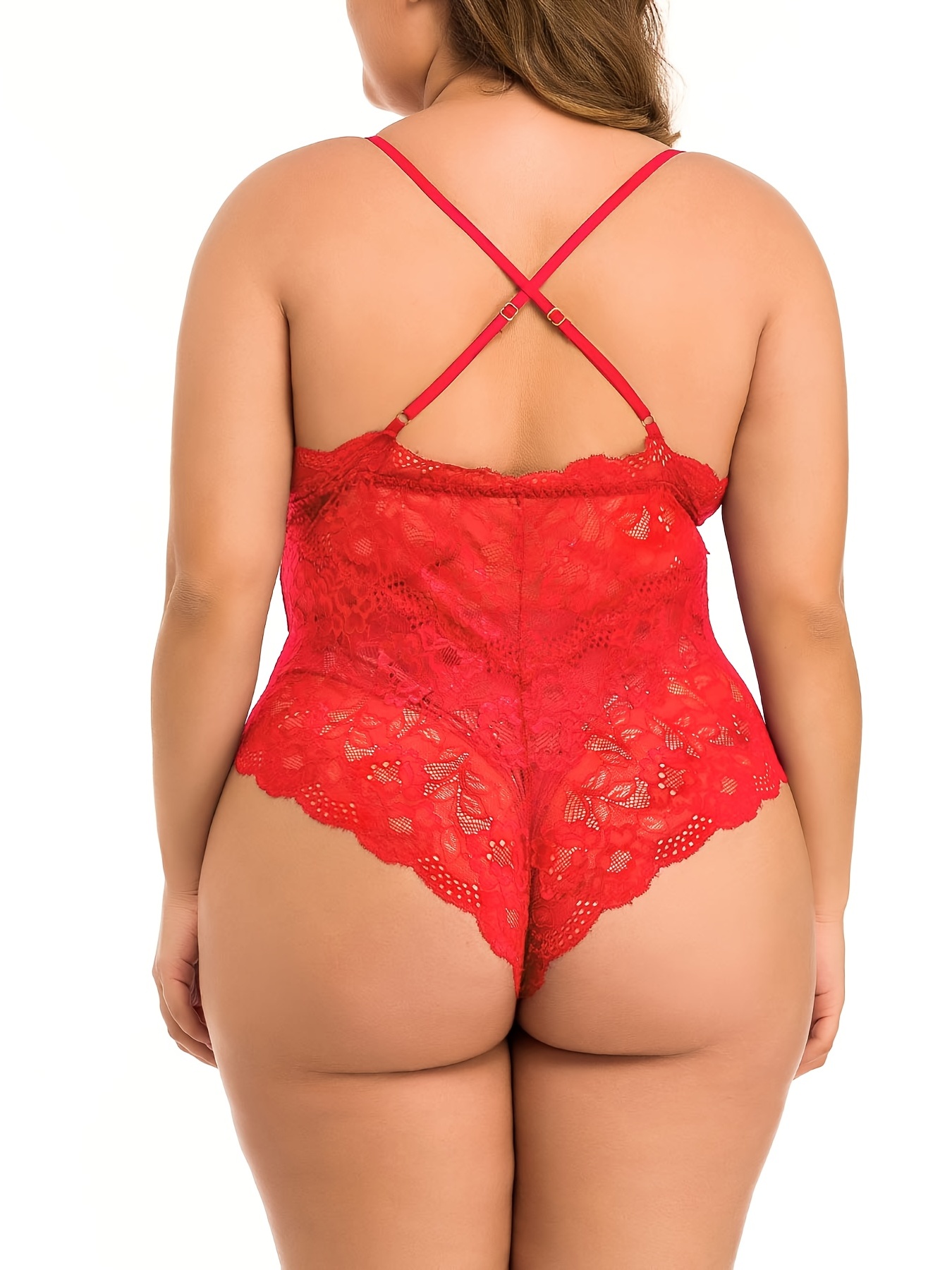 Plus Size Contrast Lace Semi Sheer Sexy Lingerie Bodysuits, Women's Plus  Deep V Neck Slight Stretch Sexy Costumes Teddy Bodysuits