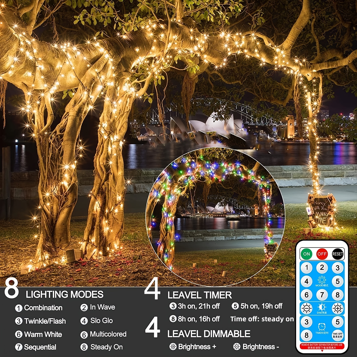 1pc solar string lights 32m 105ft 300 led usb and solar powered lights with 8 lighting modes waterproof lamp for outdoor lighting decoration for garden patio balcony xmas wedding party included 2m lead wire details 3