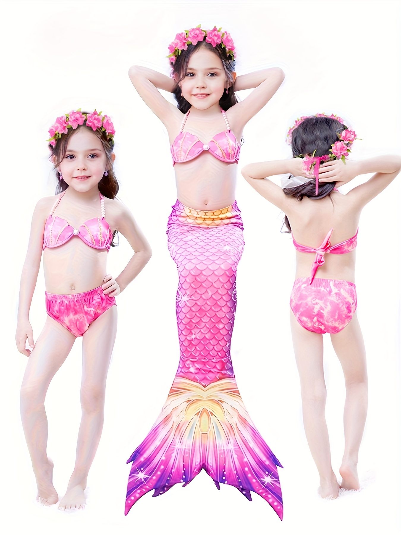 Maillot de bain sirène coloré pour filles, 3 pièces, queue de poisson,  culotte de maillot de bain à découpe, ensemble Bikini, plage pour enfants
