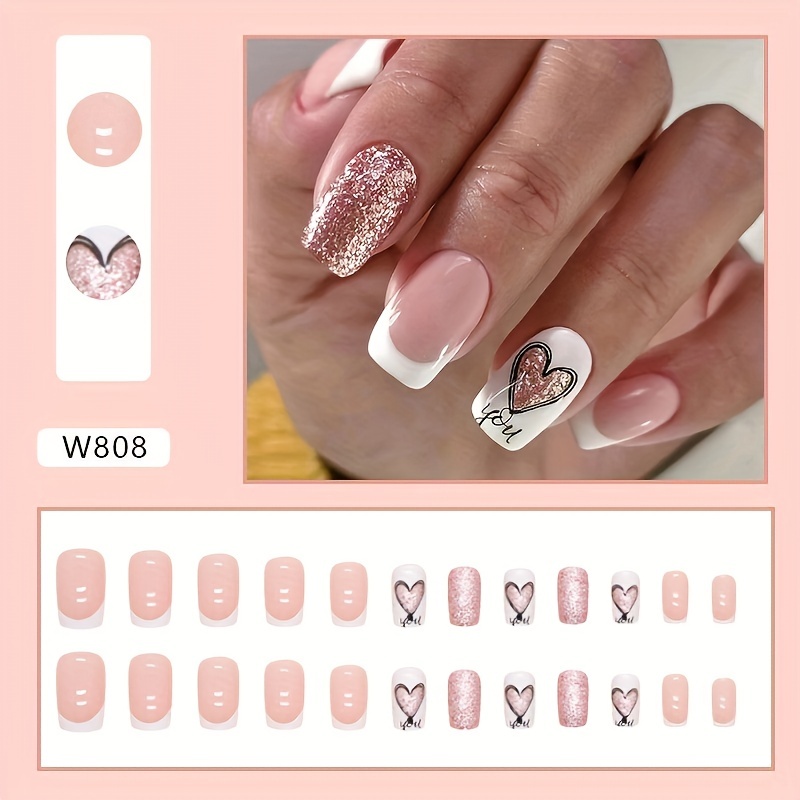 24pcs Glossy Heart Press On Nails with Golden Glitter Medium Square False Nails