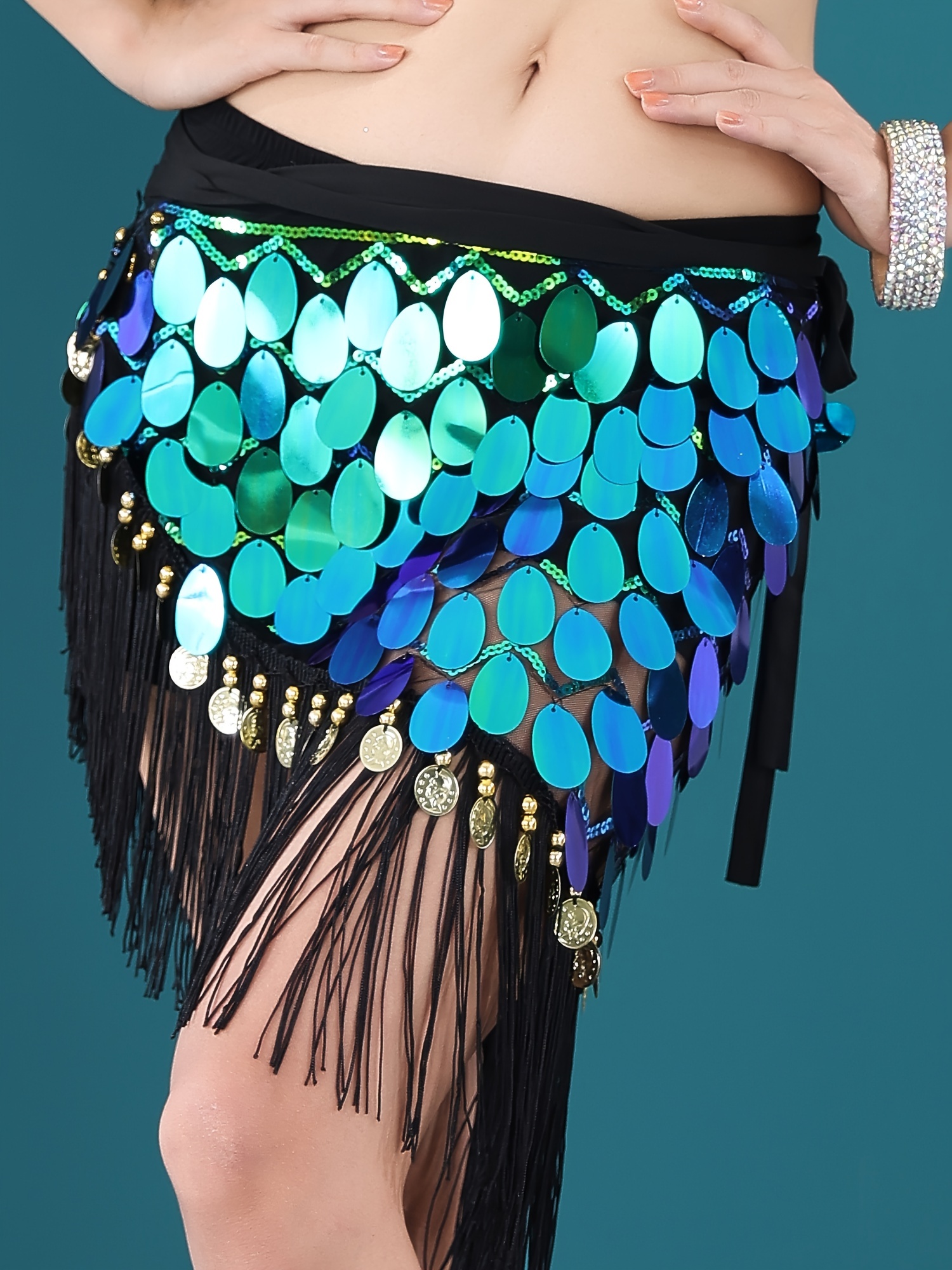 Generic Womens Sequins Beads Belly Dance Skirt Hip Scarf Waistband Royal  Blue