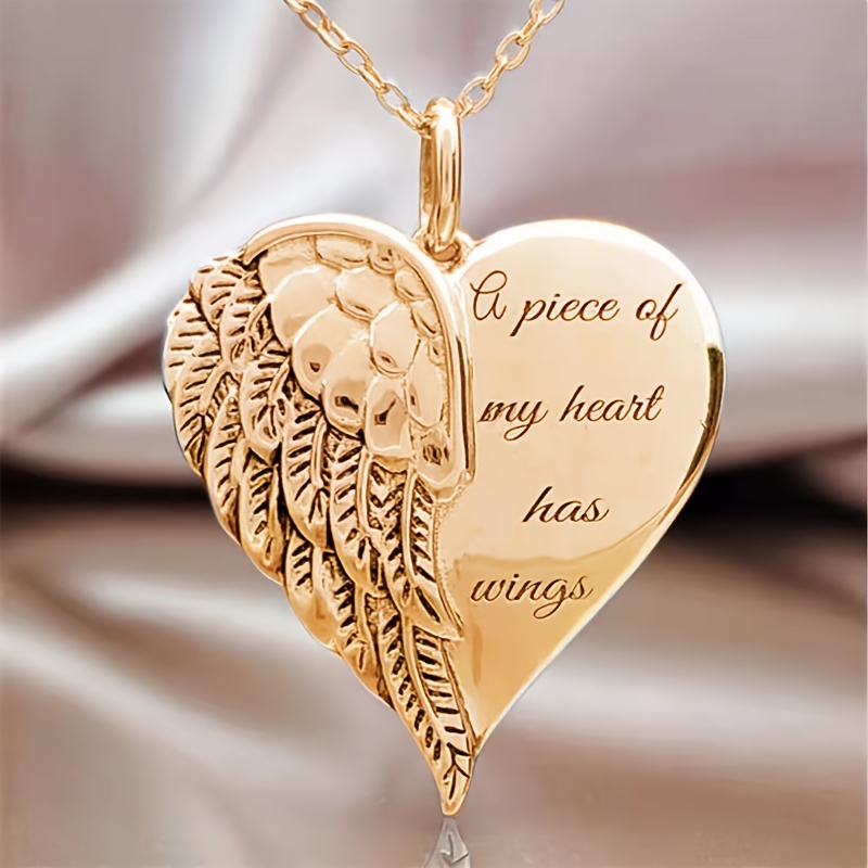 Creative Lettering Heart Pendant Necklace, Retro Angel Wing