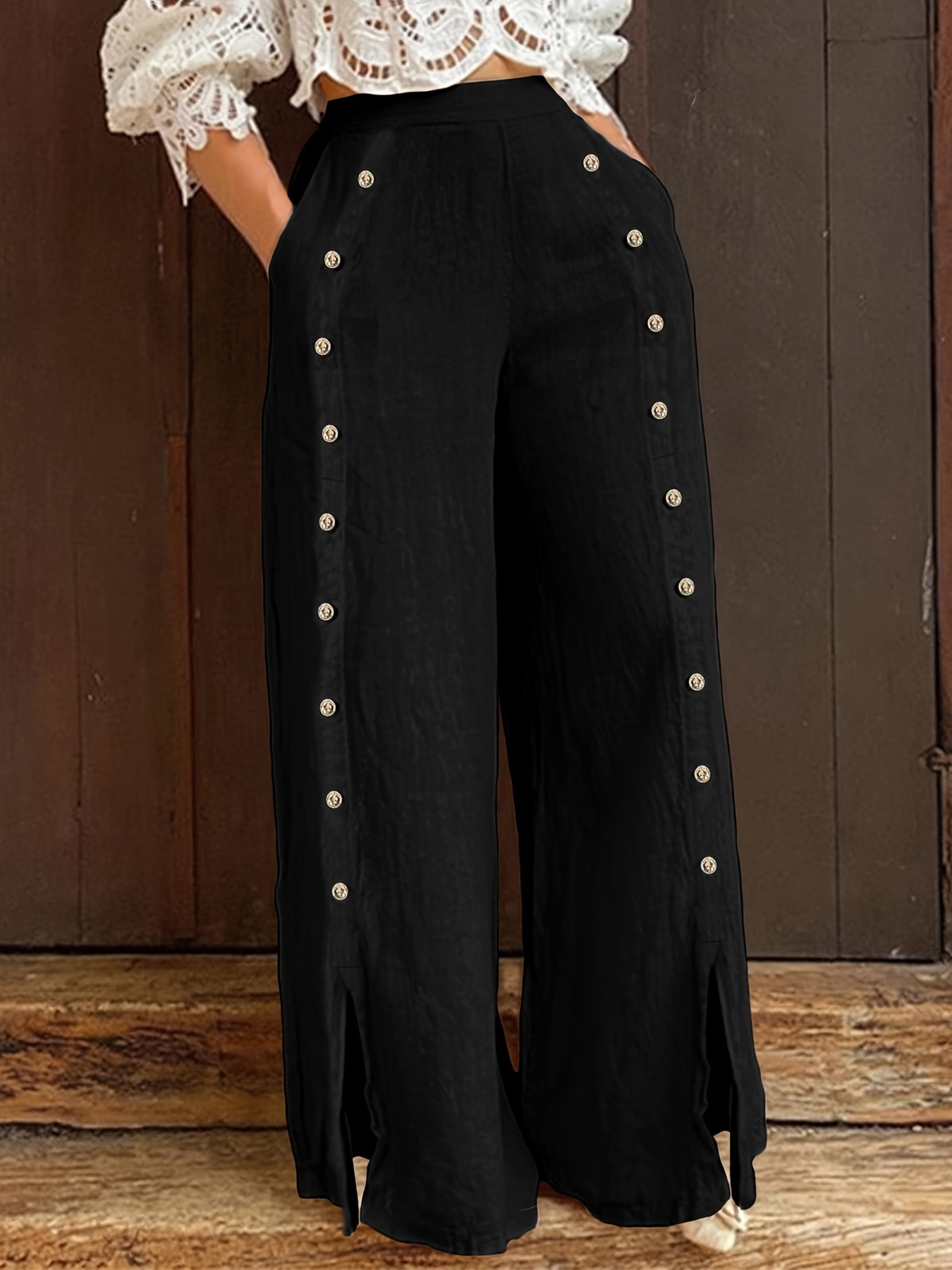 womens wide pants with split hem button closure casual elegant trousers solid color non   washable wide pants suitable for   year round wear womens fashion solid color wide trousers