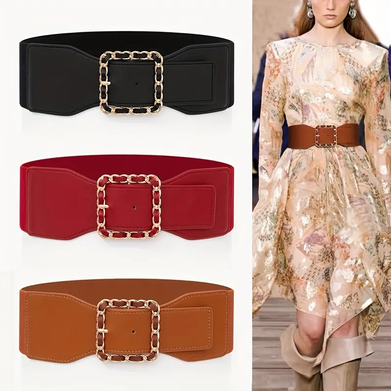 Large Square Buckle Wide Belts Classic Solid Color Elastic