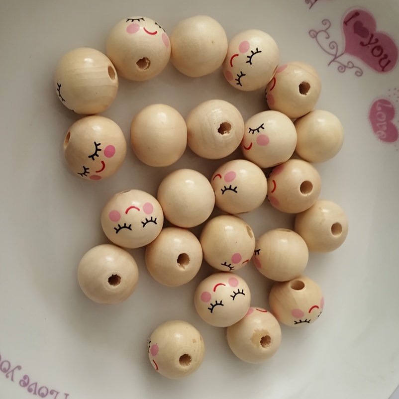 

25pcs Wooden Hole Beads, Spacer Ball Beads With Hole, Eyelash Girls Smiling Face Doll Head Beads For Diy Jewelry Making