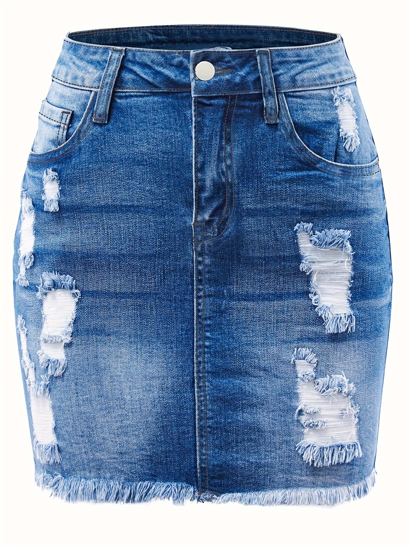 Plain Ripped Holes Denim Mini Skirt Hem High Stretch - Temu