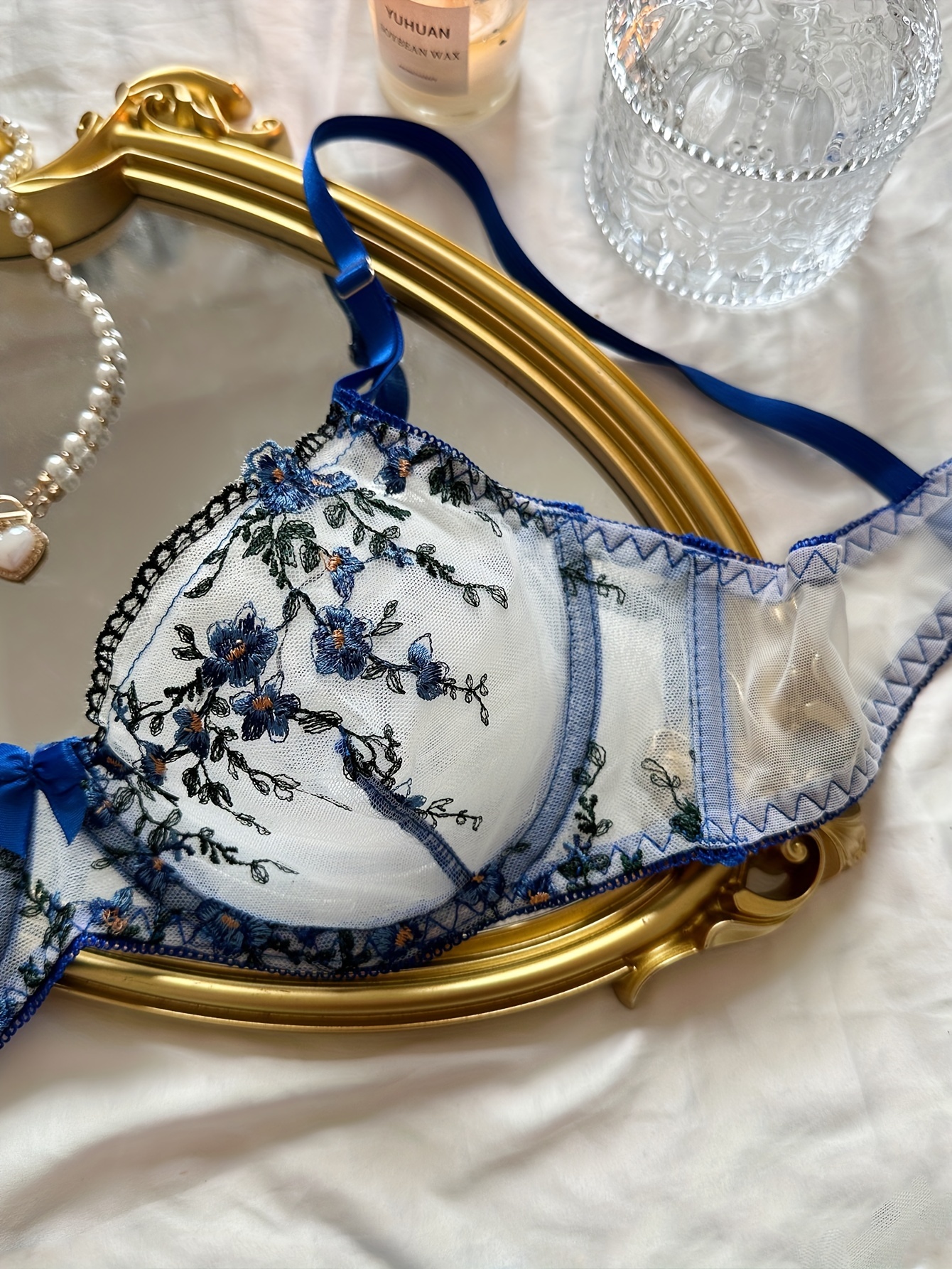 Floral Embroidery Lingerie Set Sheer Unlined Bra Mesh Thong - Temu Australia
