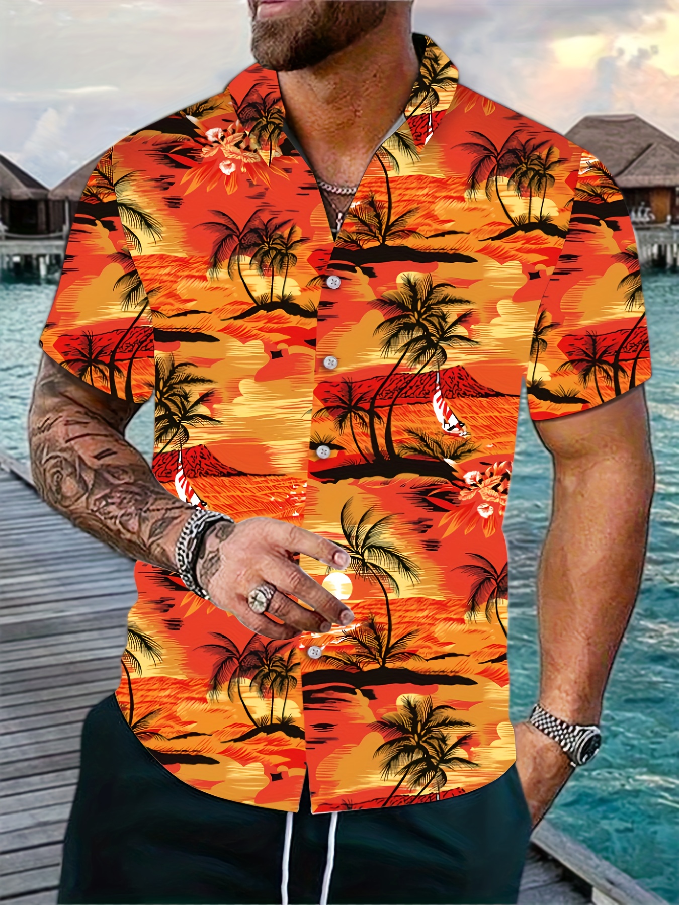 Men's Hawaiian Shirt - Tropical Island Pattern, Short Sleeves, Casual  Button Up for Vacation and Beach Resorts