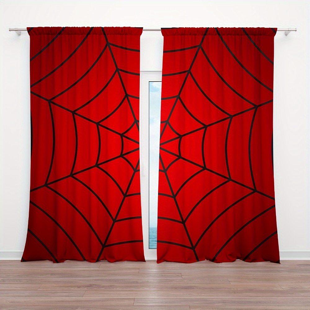 

2pcs Black Spider Web Red Curtains For Teenagers Home Decor Living Room Blackout Curtains Bedroom Window Decorations, 41*82 Inch