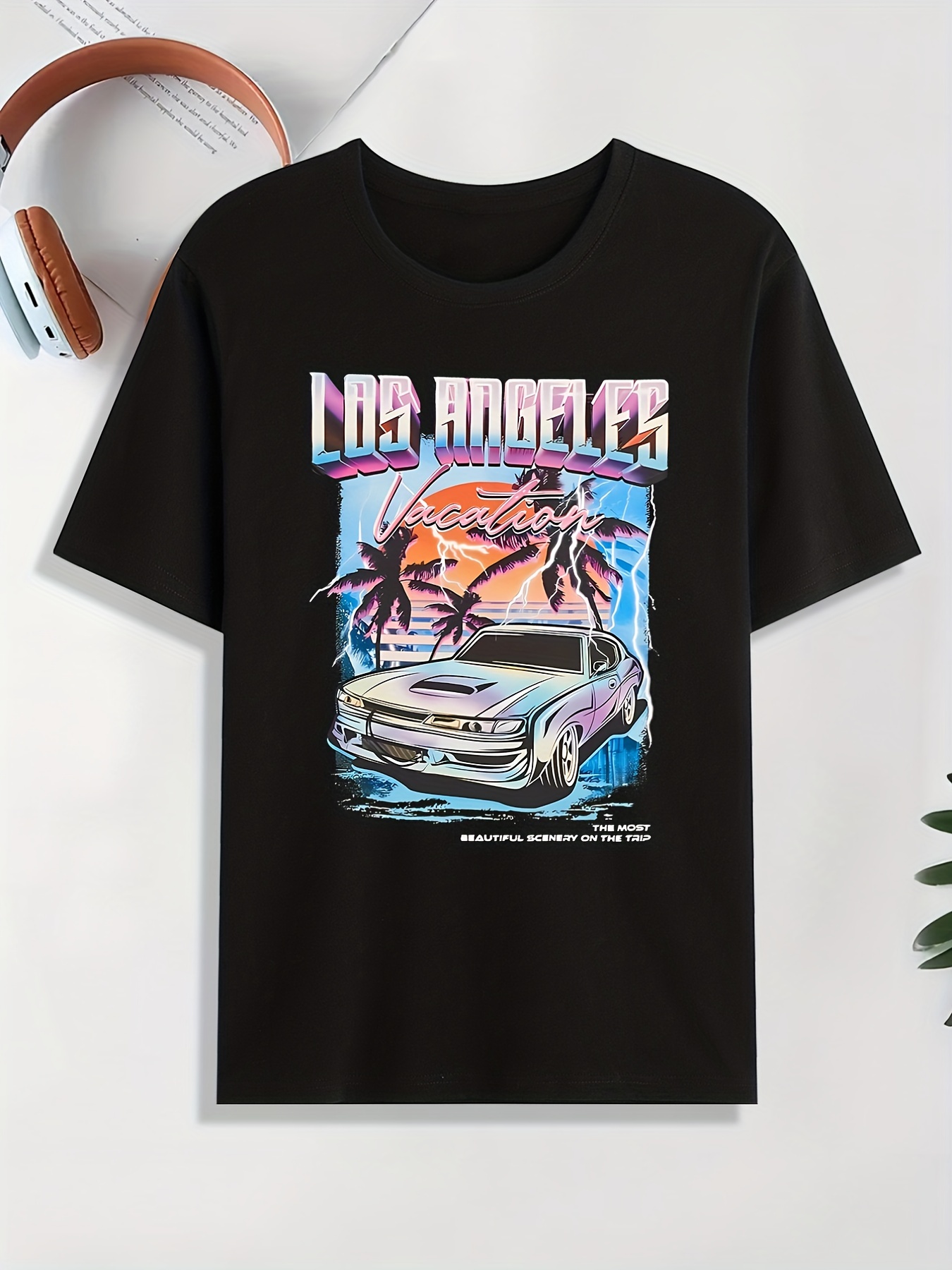 California' Retro Car Print T Shirt, Tees For Men, Casual Short