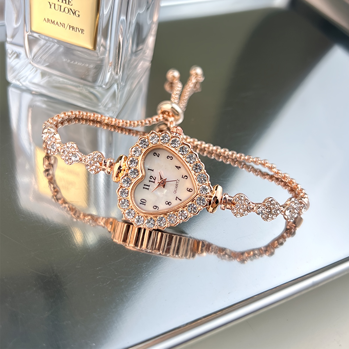 womens watch luxury rhinestone heart pointer quartz watch elegant fashion analog adjustable bracelet wrist watch 9