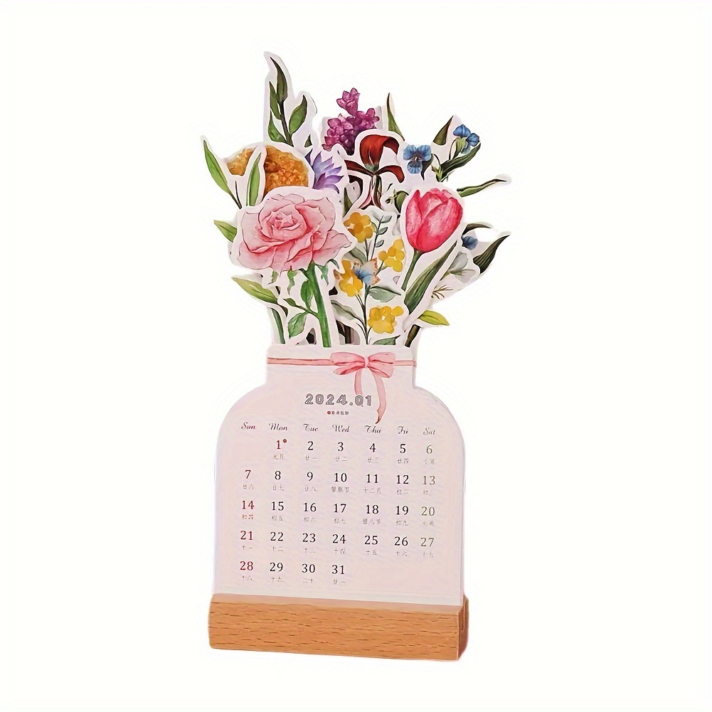 2024 Bloomy Flower Desk Calendar Creative Wooden Card Calendar High Quality  Desktop Calendar Illustrator Decorate Supplies