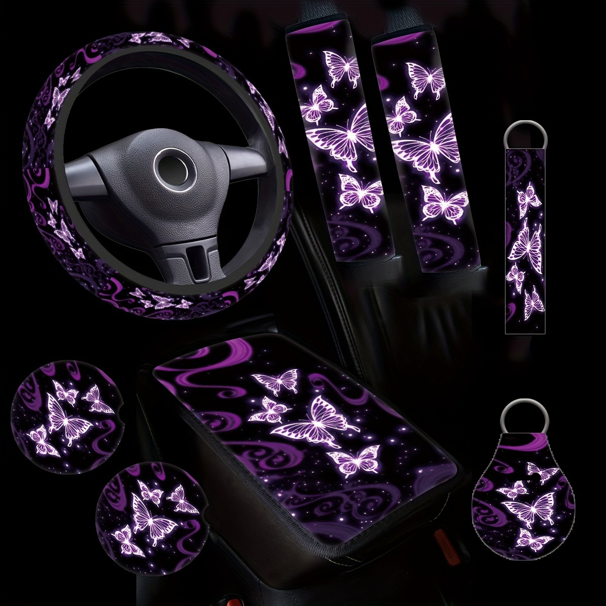 

8pcs Good-looking Purple Small Butterfly Style Car Steering Wheel Cover, Shoulder Protector, Armrest Pad, Coaster, Key Chain, Set Combination