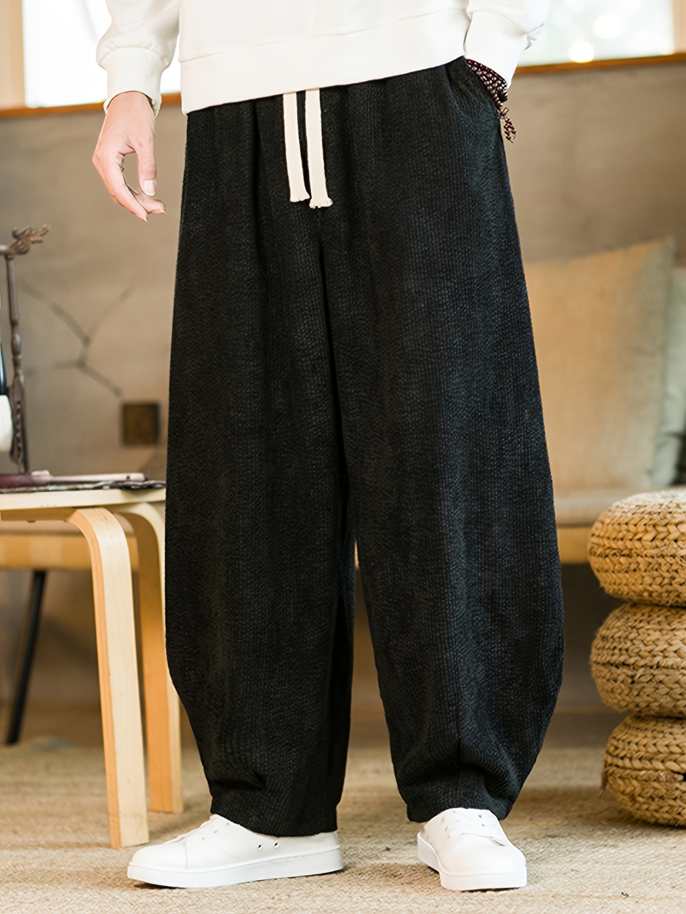 Men High Waist Straight Wide Leg Pants Pleated Belted Loose Casual Suit  Trousers