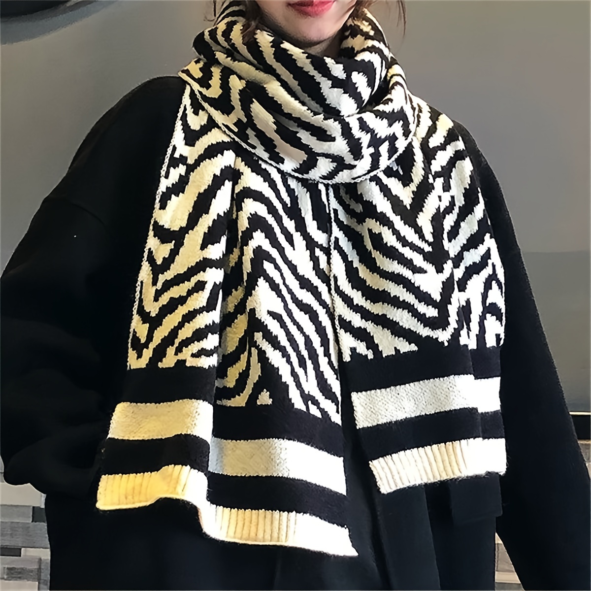 Classic Black White Pattern Scarf Vintage Warm Stretch Wrap Shawl Autumn  Winter Coldproof Neck Protection Long Scarf Shawl - Temu Germany