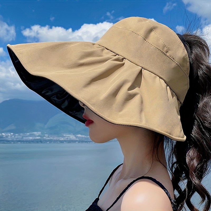 Wide Brim Ponytail Visor Hat Solid Color Foldable UV Protection Travel Beach Hats Casual Breathable Sun Hat, Bucket Hats,Temu