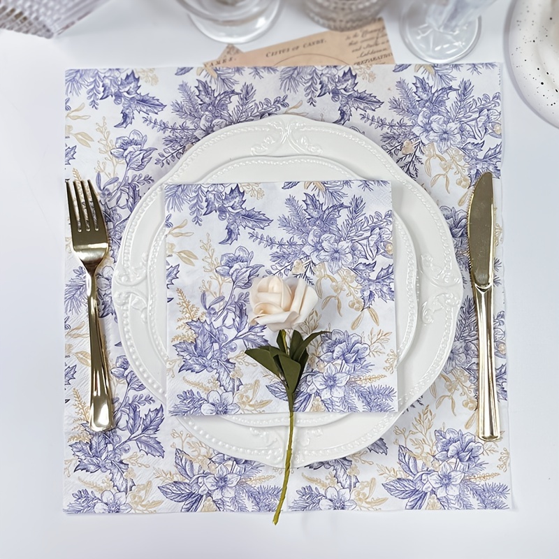 Disposable Blue And White Floral Paper Napkins Western Food - Temu