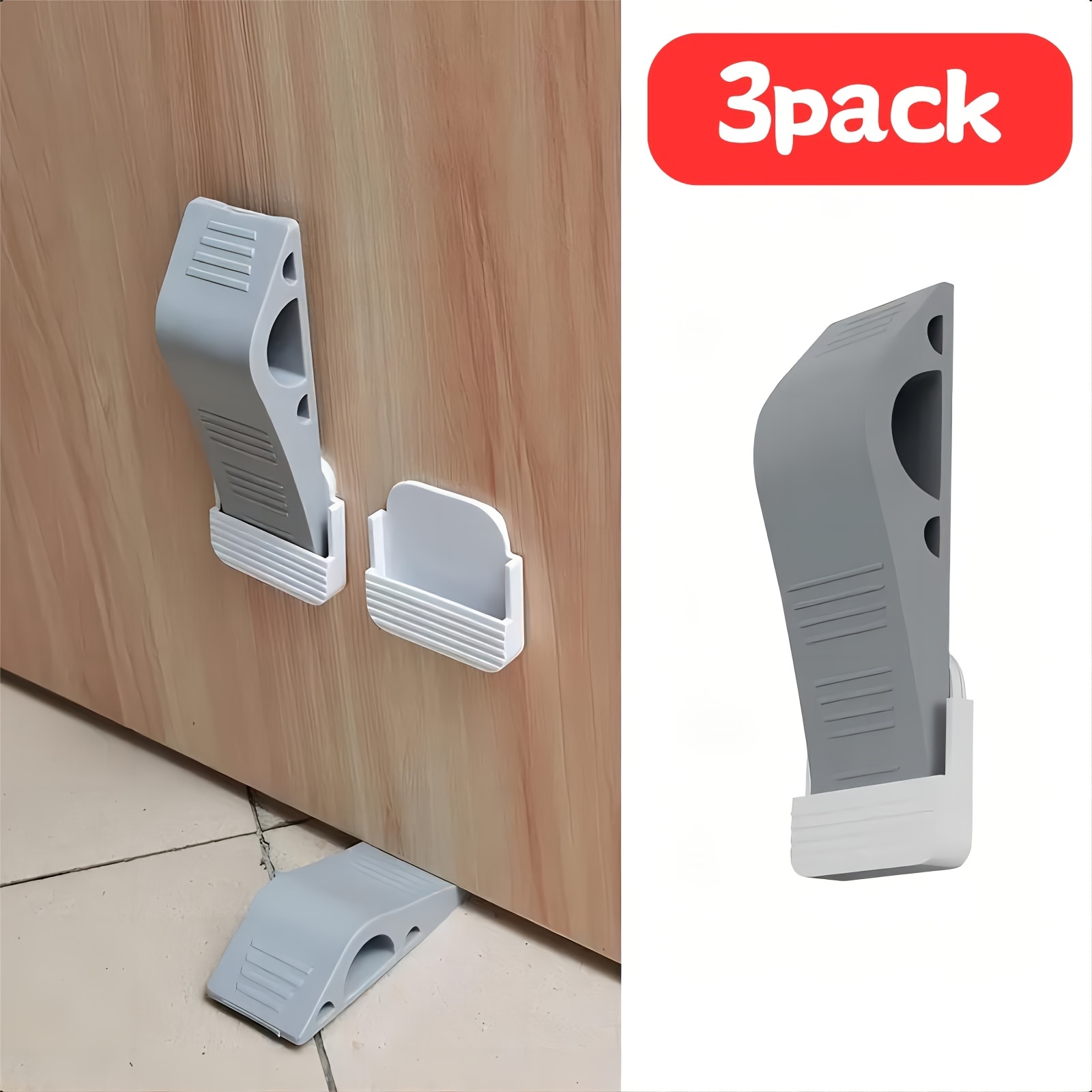 Wundermax Door Stoppers - Pack of 3 Rubber Door Wedge for Carpet, Hardwood,  Concrete and Tile - Home Improvement Accessories - Gray