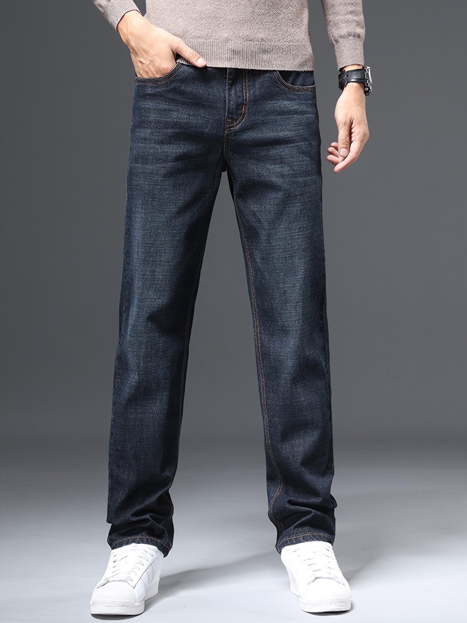 Men's Jeans Straight Slim Elastic Durable Trousers Men's - Temu