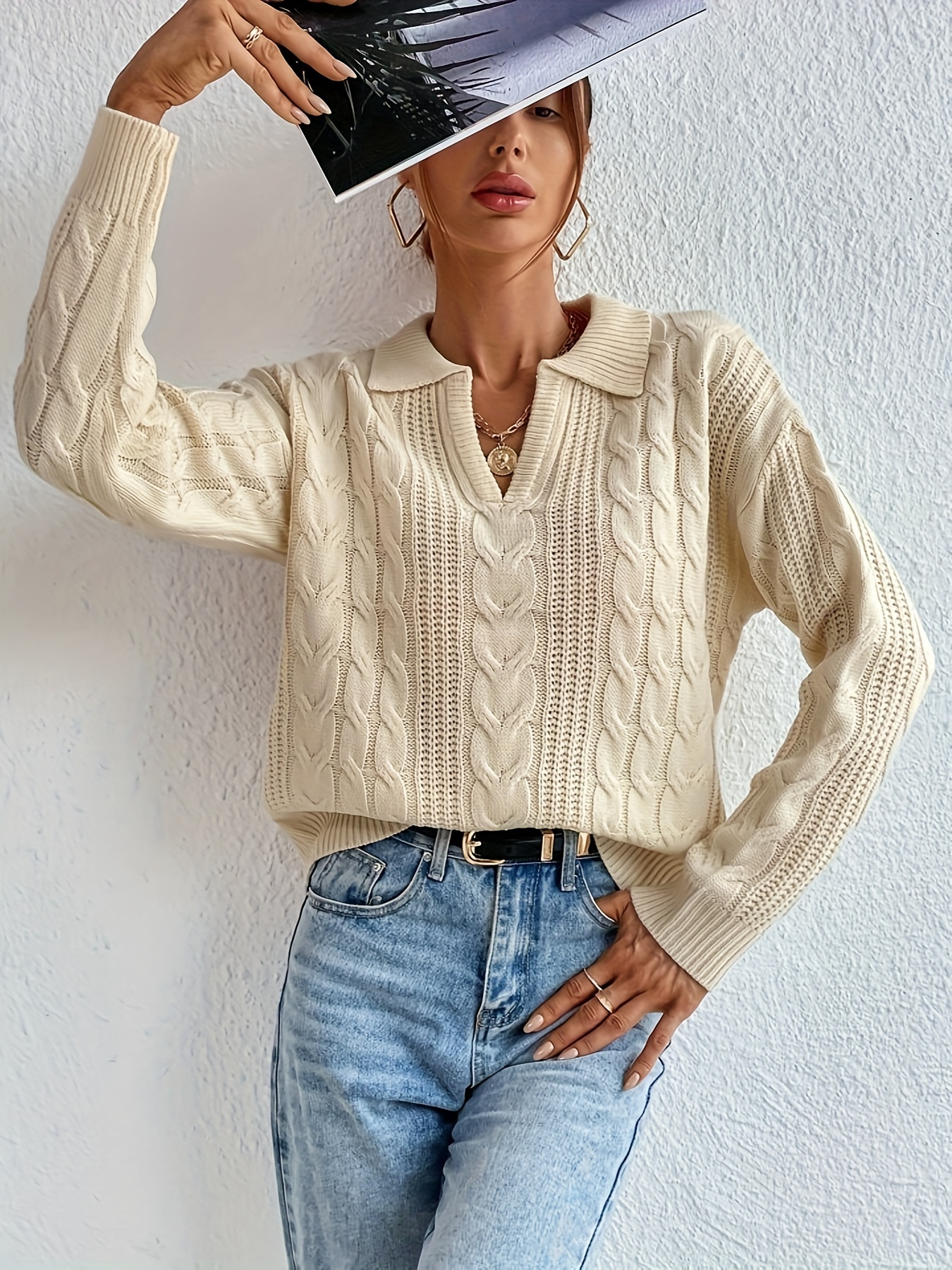 Solid Notched Collar Cable Knit Sweater Casual Long Sleeve - Temu