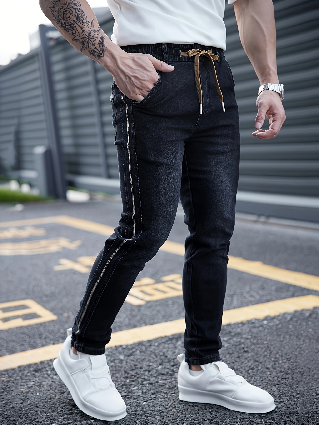 mens casual waist drawstring skinny jeans classic design stretch jeans