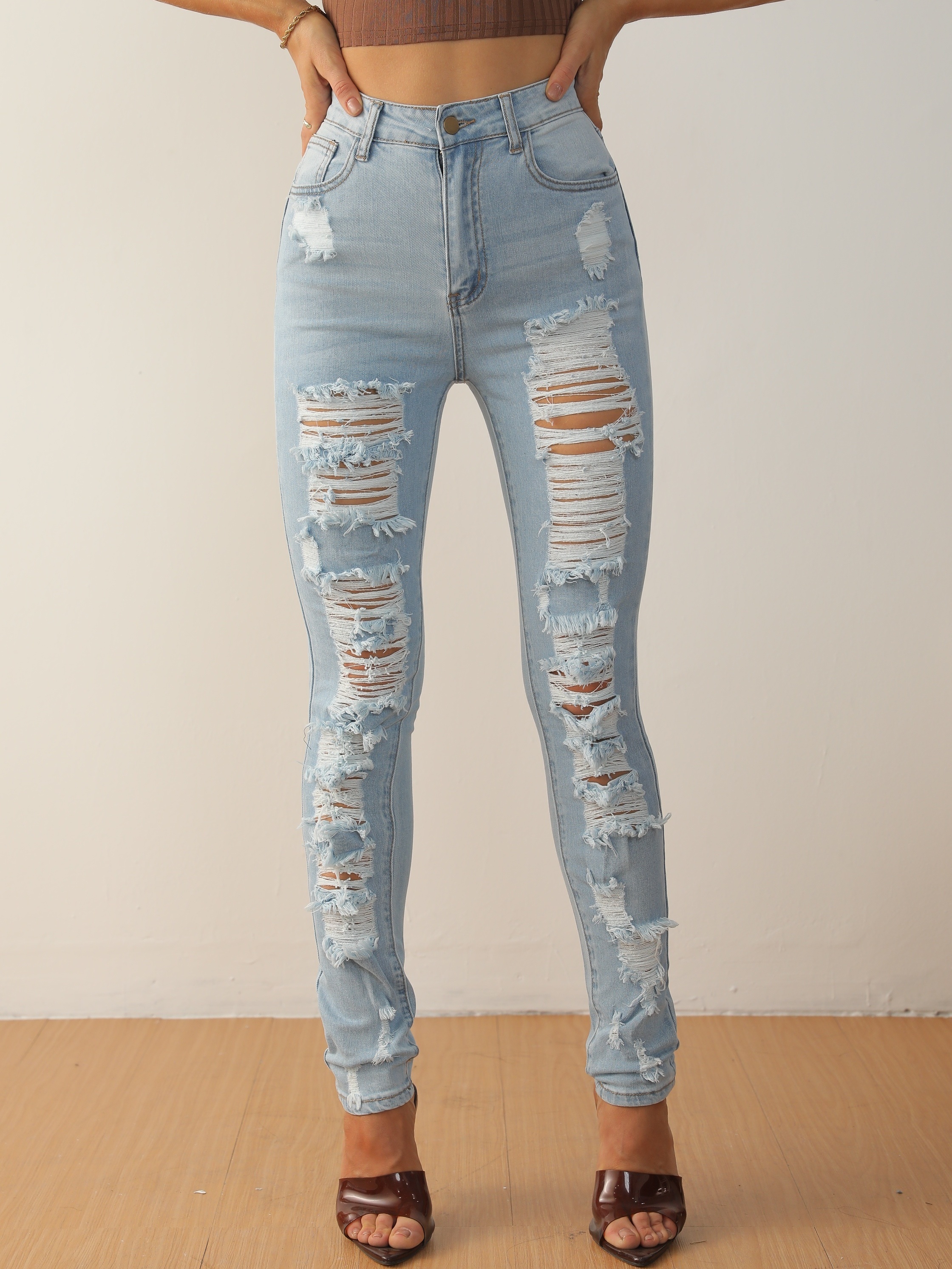 Blue Ripped Holes Skinny Jeans Slim Fit Slash Pockets Slight - Temu Japan