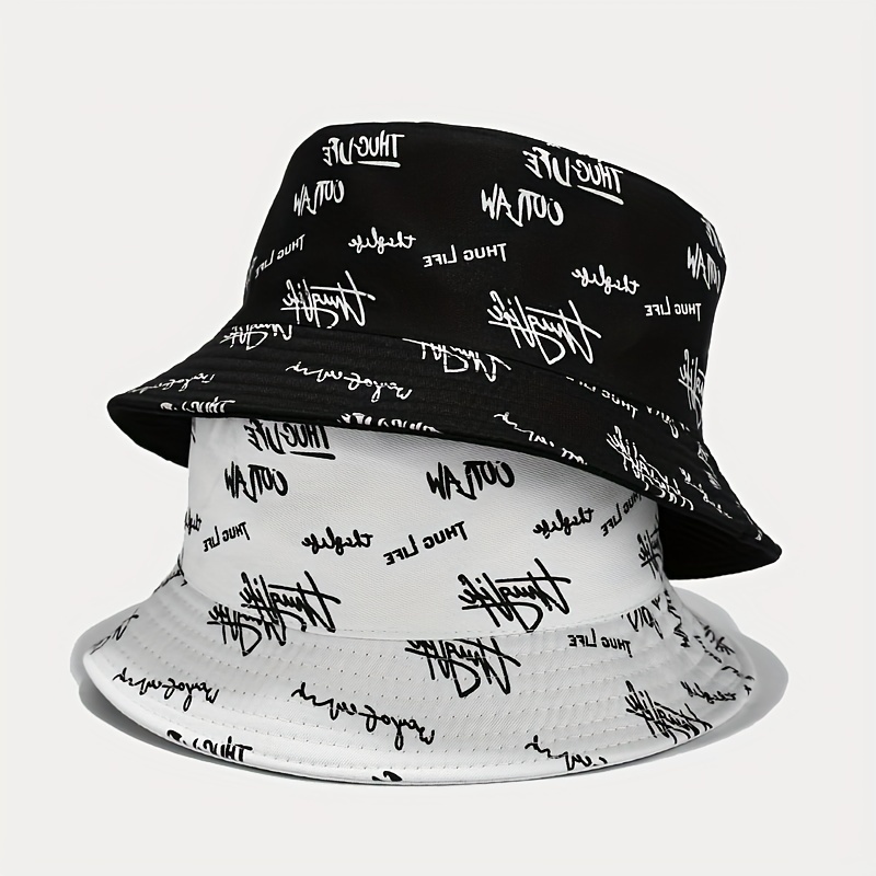 Trendy Letter Graphic Bucket Hat Hip Hop Reversible Casual Basin Hats Black  & White Sunscreen Fisherman Cap For Women Girls