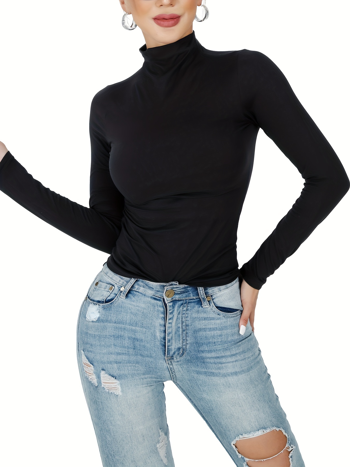 Herou Long Sleeve Mock Turtleneck Stretch Slim T Shirt Layer Tops Black  Small at  Women's Clothing store