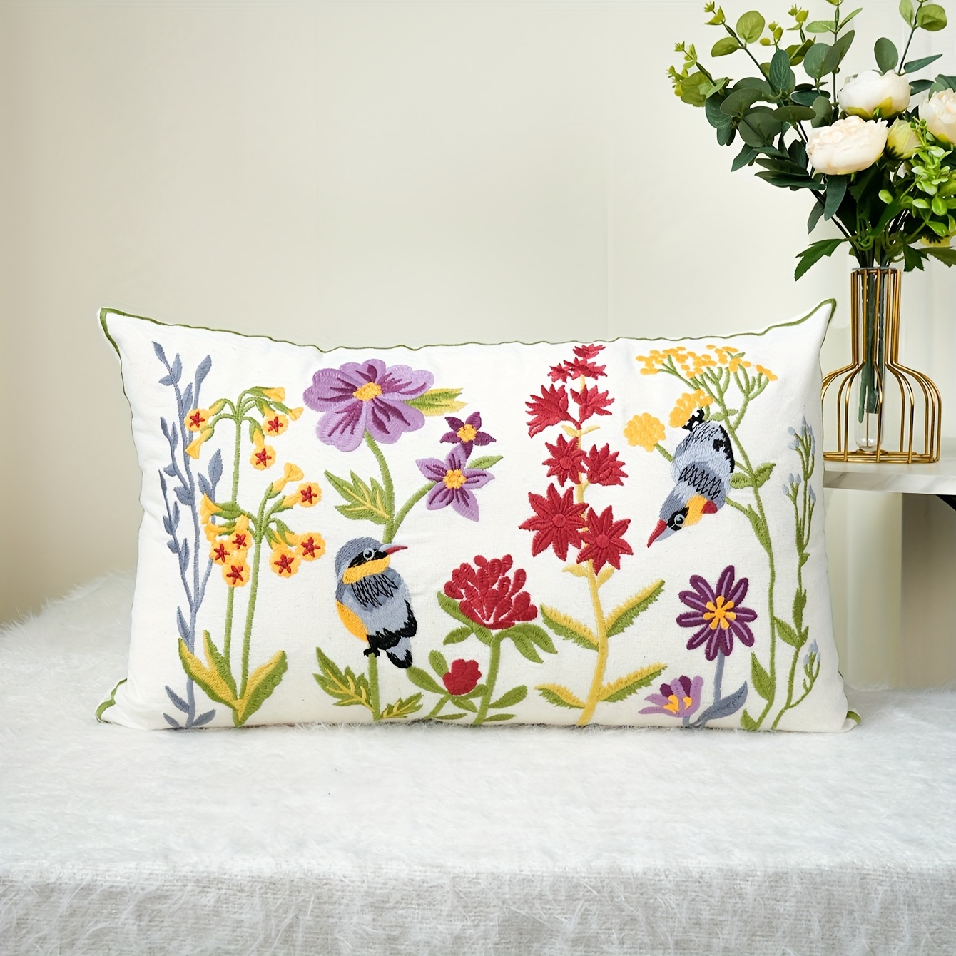 Image of 1pc Exquisite Floral And Bird Embroidered Cushion Cover, Home Decor, Suitable For Multiple Room Types And Sizes