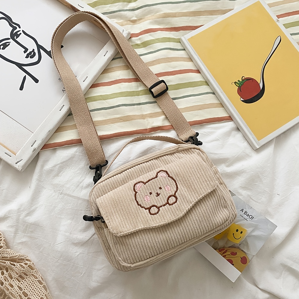 Cartoon Pattern Crossbody Bag, Corduroy Shoulder Bag, Women's Flap Pocket  Decor Square Purse - Temu