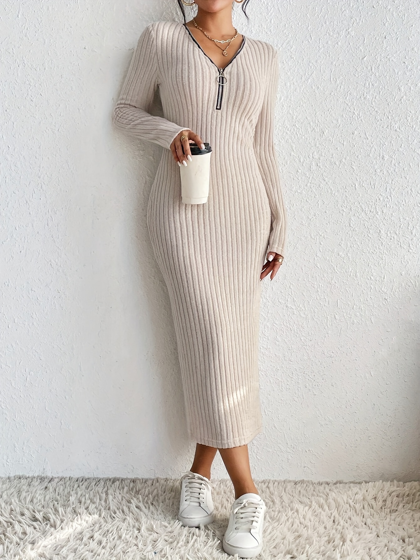 ribbed knit zip-up v neck dress, chic solid color long sleeve slim dress, women's clothing apricot 0