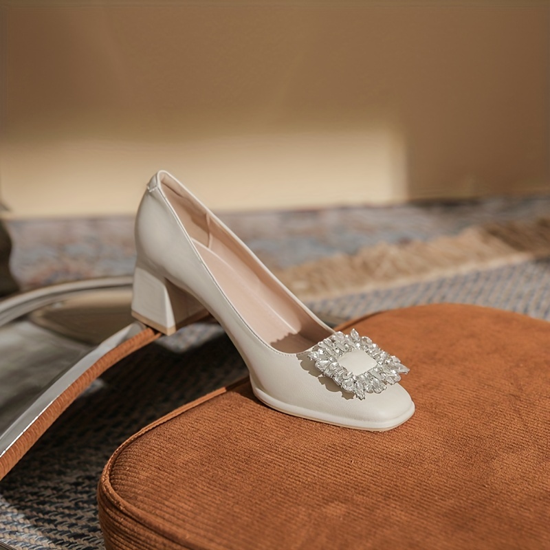 Rhinestone Chunky Heel Pumps Comfortable Slip-On Shoes for Women