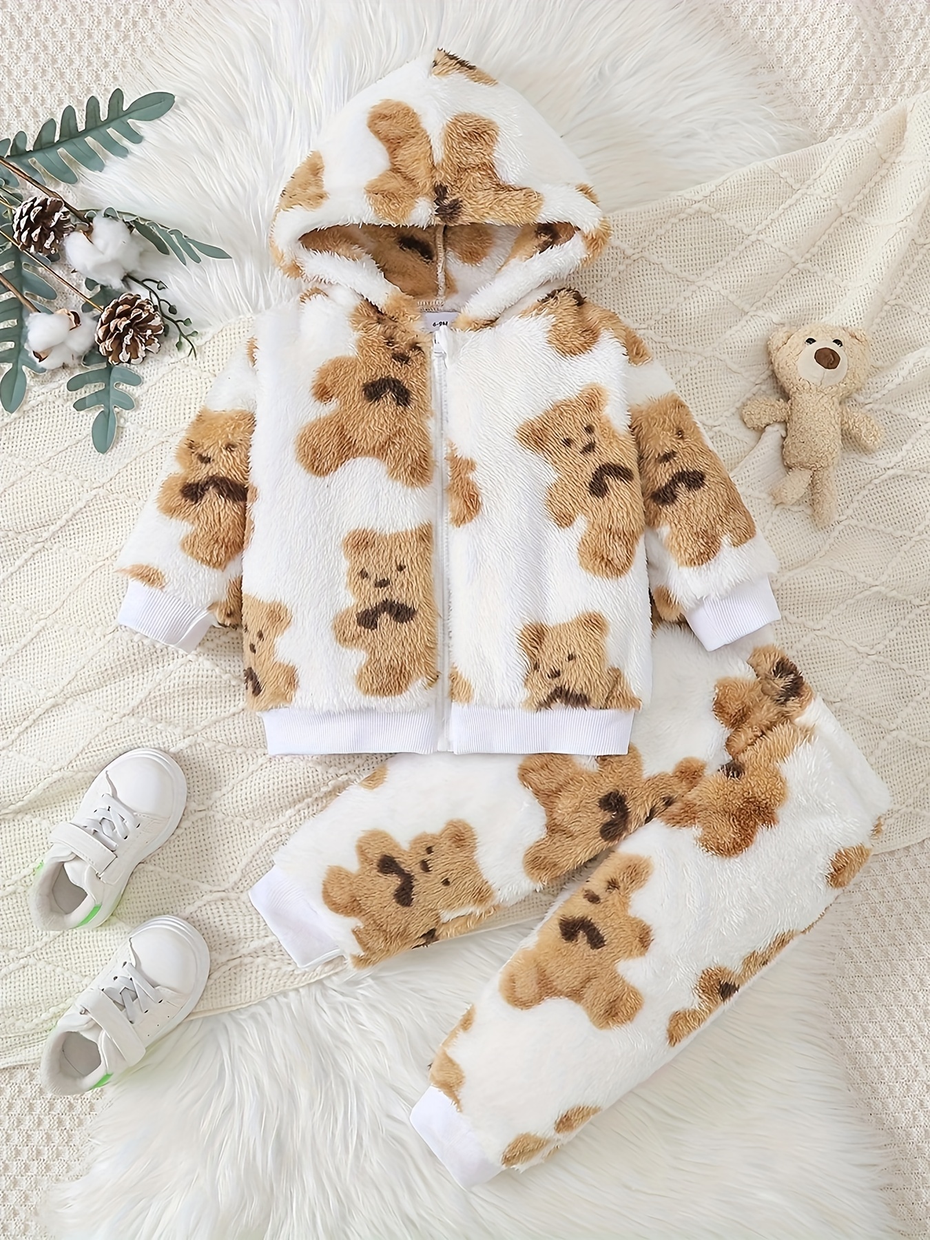 Baby Baby 2pcs Cute Bear Furry Hooded Long Sleeve Warm Top + Furry  Comfortable Trousers Outfit Set