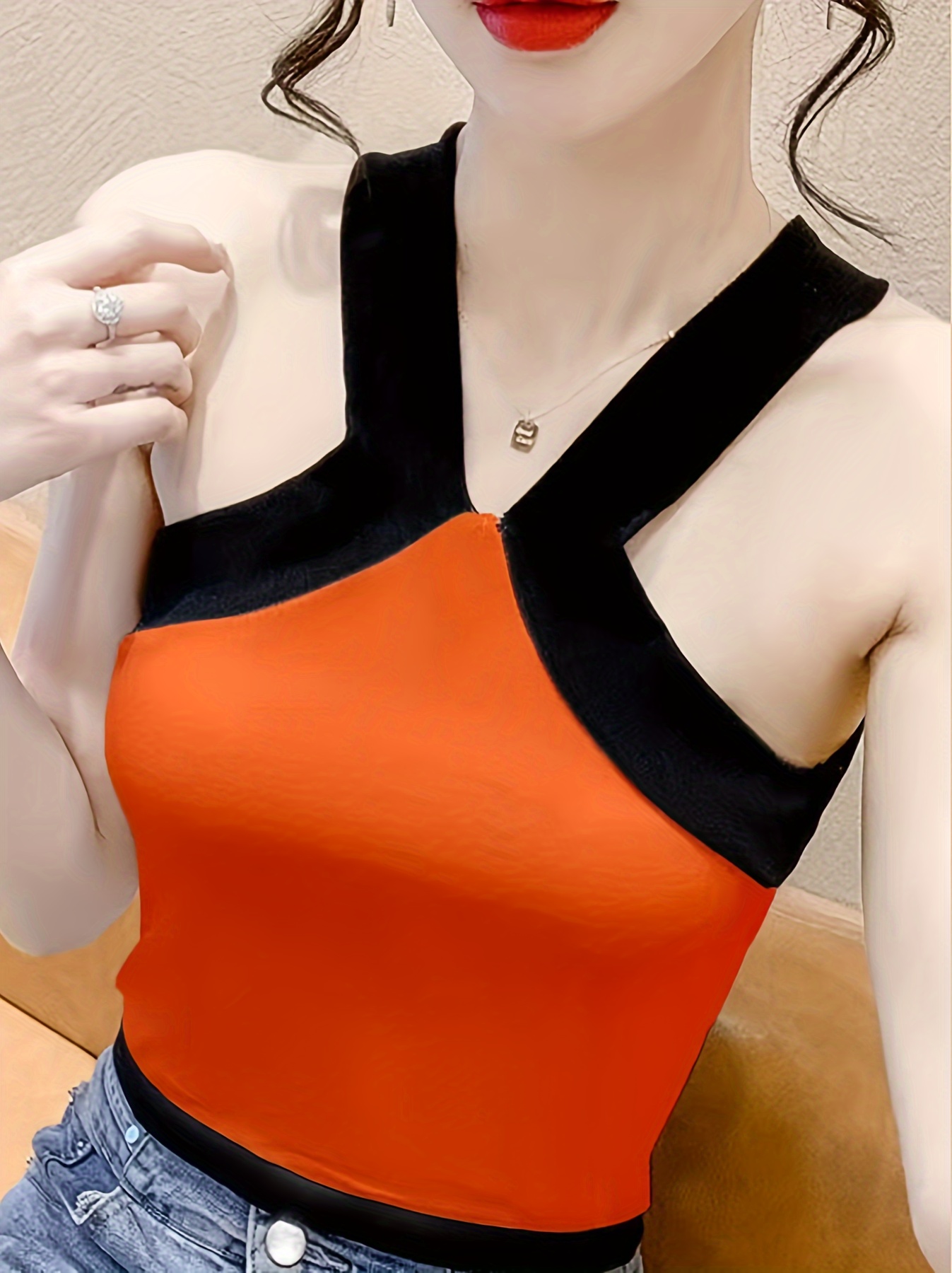 Color Block Halter Neck Top, Casual Sleeveless Tank Top For Summer, Women's  Clothing