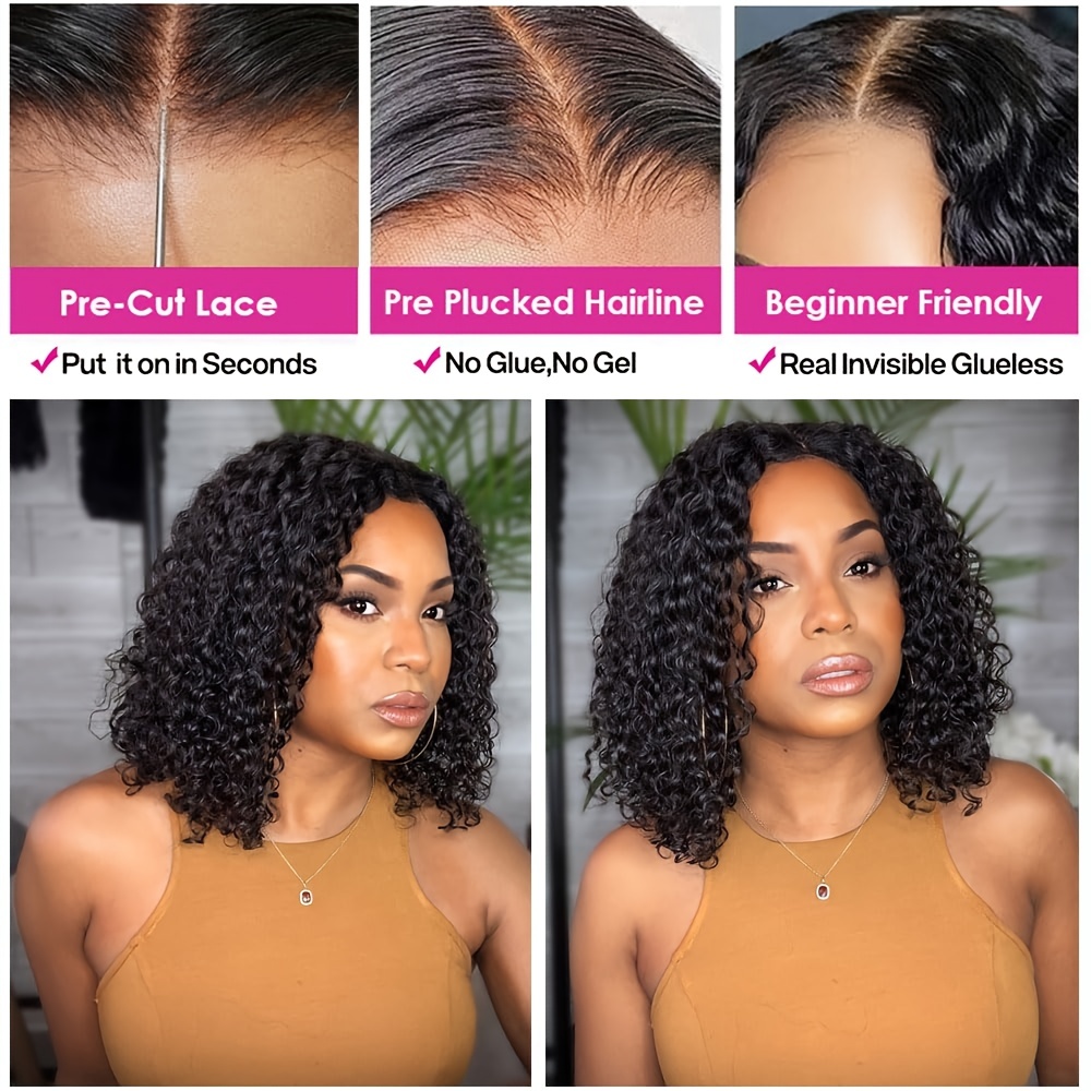 Wear And Go Glueless Wigs Bob Wig Human Hair Wigs For Women 4x4 Deep Curly Lace Front Wigs Human Hair Pre Plucked Pre Cut For Beginners New Upgraded No Glue With Natural Color 25.4-40.64cm 180%