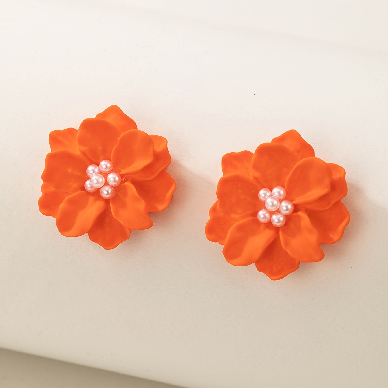 Versatile Orange Camellia Flower Stud Earrings, 1 Pair