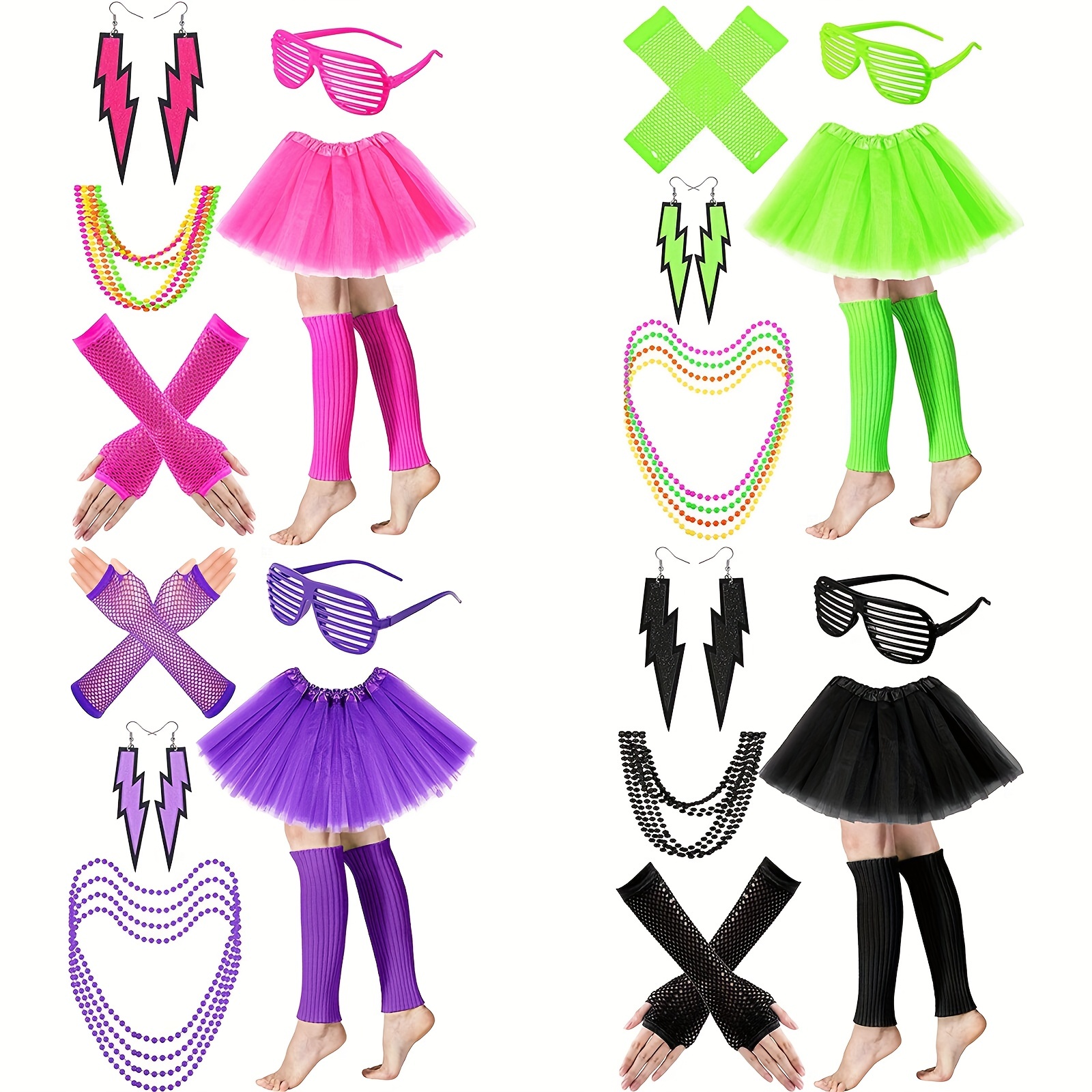Neon UV Tutu Set Skirt Gloves Leg Warmers Beads Womens 80s Fancy Dress  Costume
