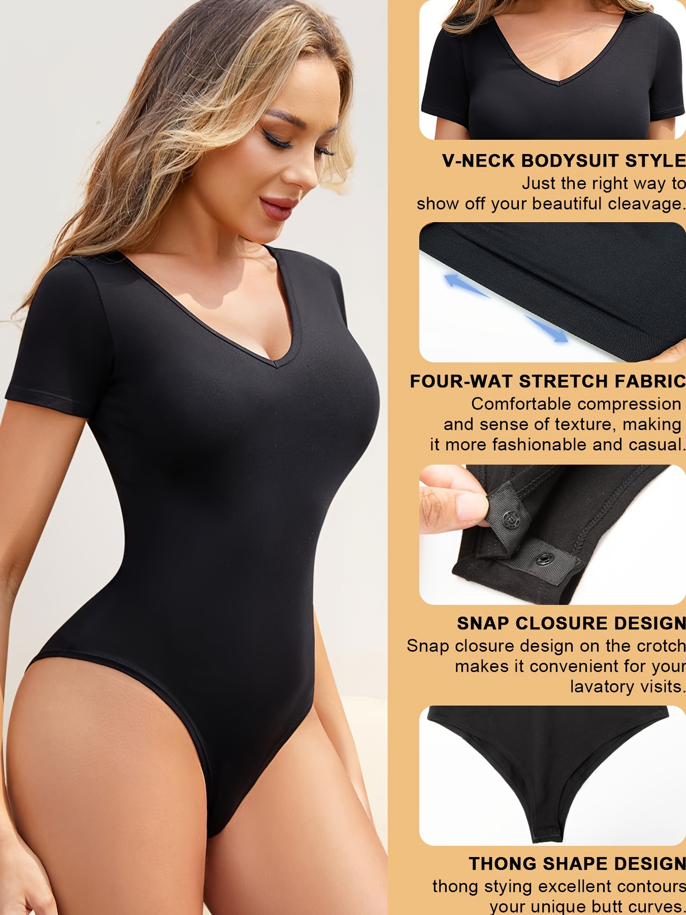 Short Sleeve Shaping Bodysuit, V Neck Tummy Control Slimmer Body Shaper,  Women's Underwear & Shapewear